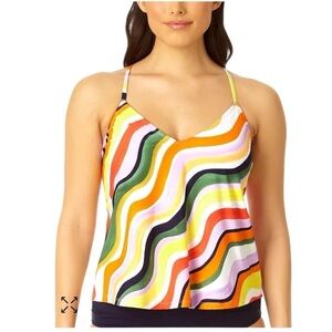 Anne Cole Printed Mulit Color Wavey Tankini Swim Top Criss Cross Back M NEW